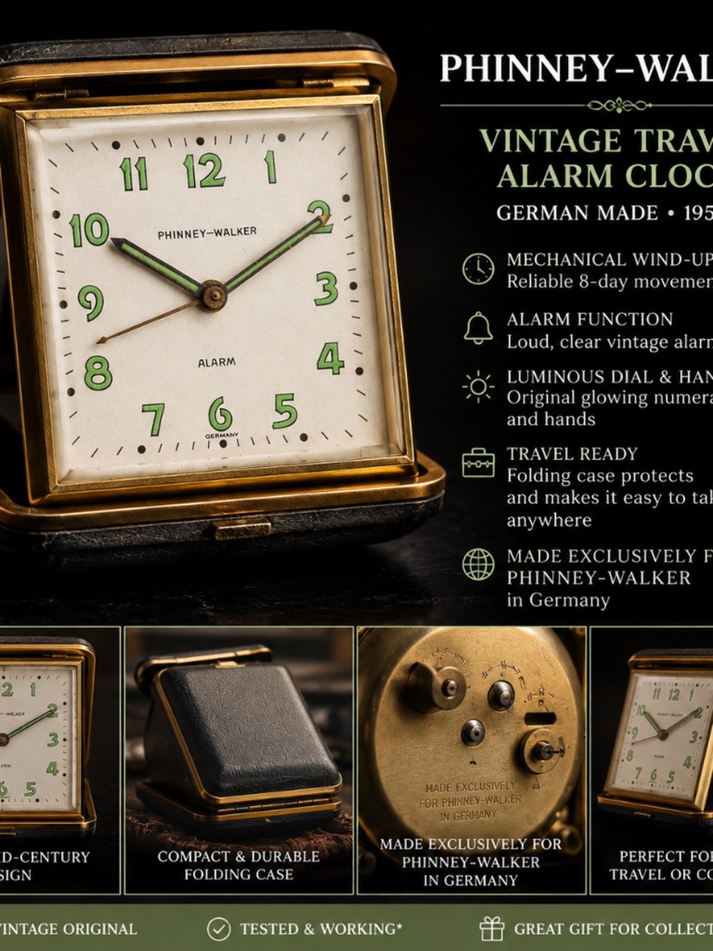 Vintage Phinney-Walker German Travel Alarm Clock | Mechanical Wind-Up | Folding